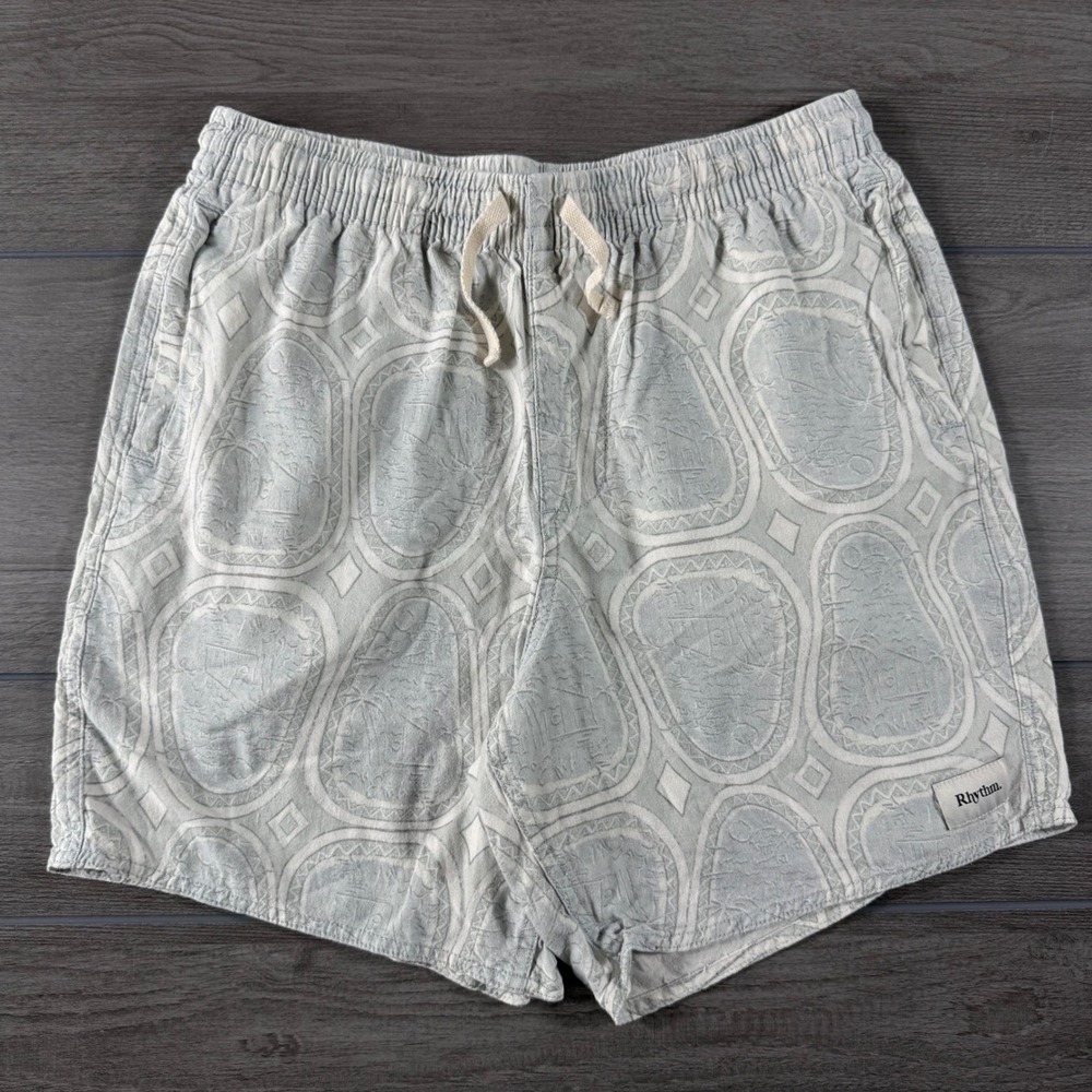 Rhythm Mens Linen Blend Medallion Tropical Shorts Light Blue Grey Size 32